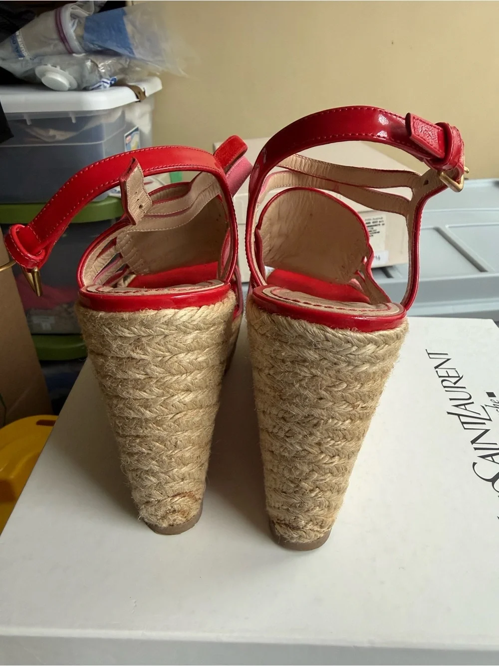 Yves Saint Laurent Pink and Red Wedge Espadrille Sandals